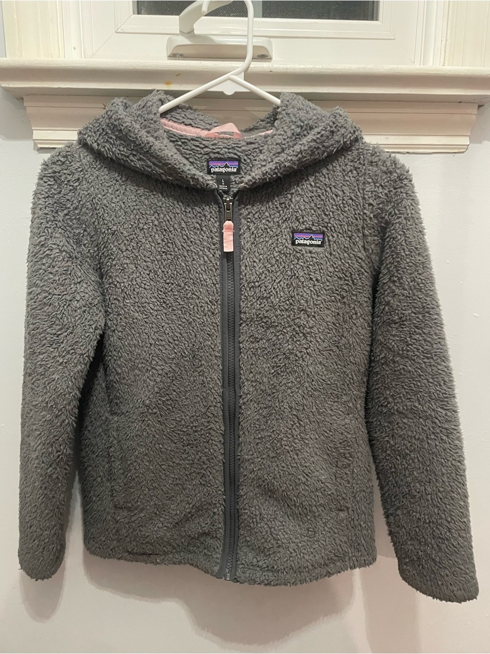Patagonia Kids Gray Plush Hooded Zip Jacket with Pink Trim